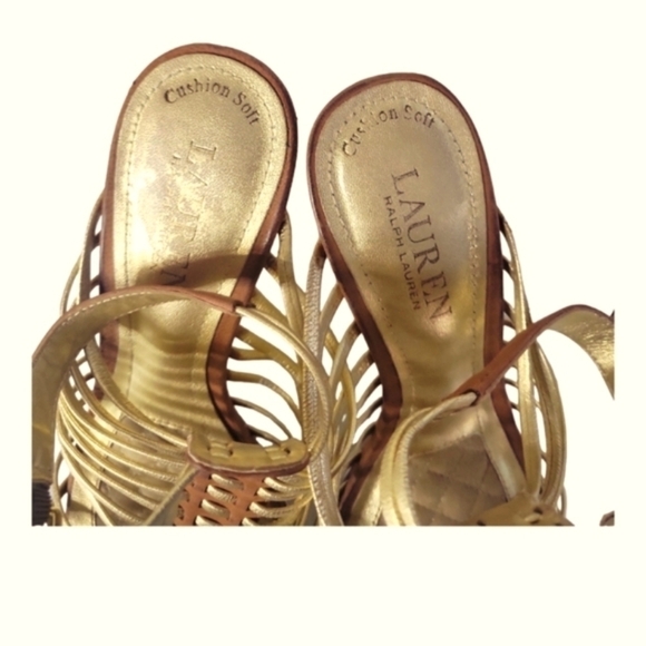 Lauren Ralph Lauren Tan/Gold Cushion Soft Strappy Suede Leather Heels Sandals - Picture 2 of 8